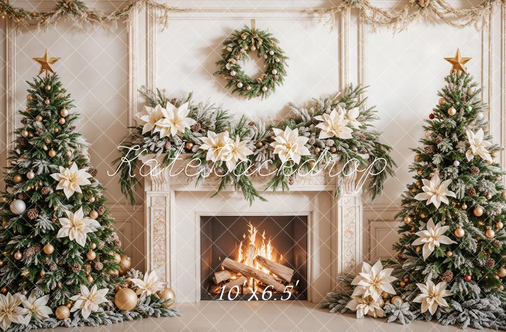 Kate Christmas White Flower Fireplace Trees Backdrop Designed by Emetselch