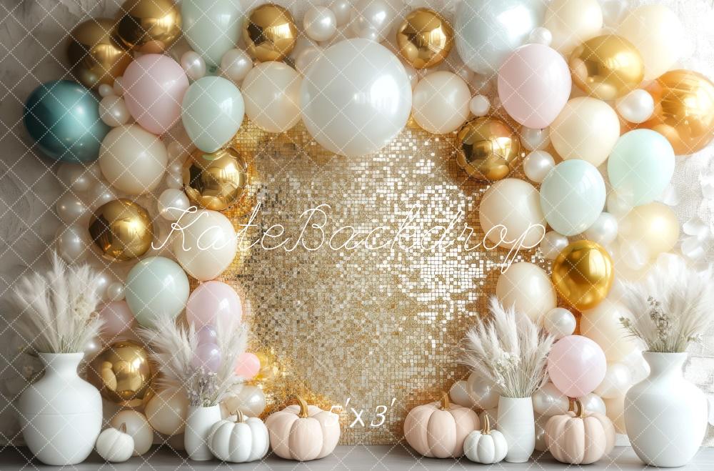 Kate Balloon Gold Pastel Pumpkin Sequin Wall Backdrop Designed by Mini MakeBelieve