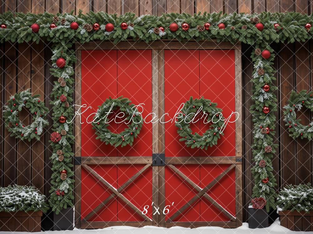 Kate Christmas Green Wreath Red Barn Door Backdrop Designed by Emetselch