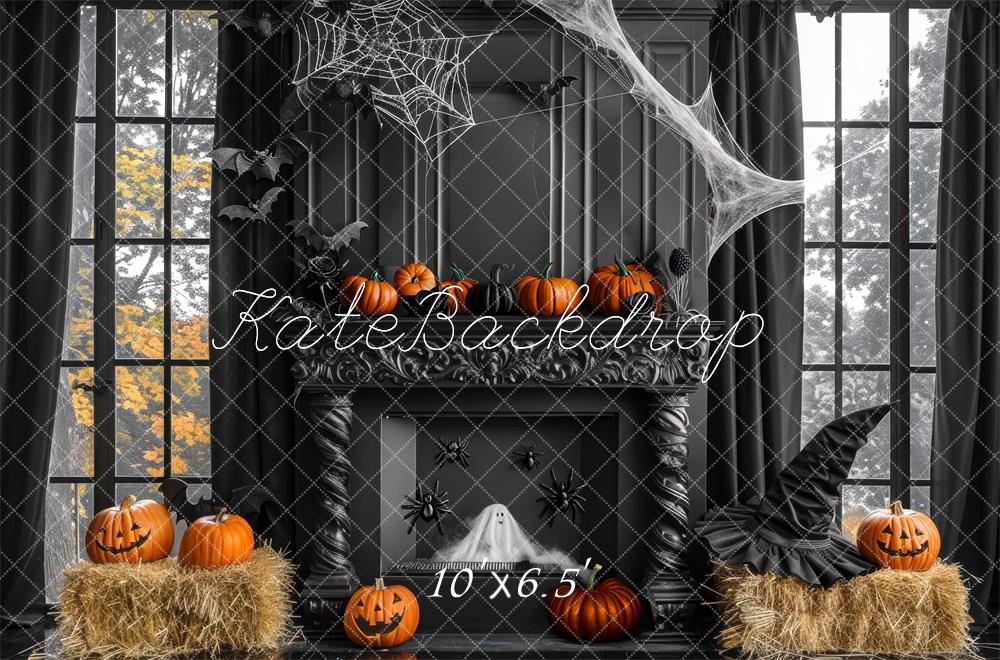 Kate Halloween Pumpkins Fireplace Cobwebs With Black Wall Backdrop Designed by Mini MakeBelieve