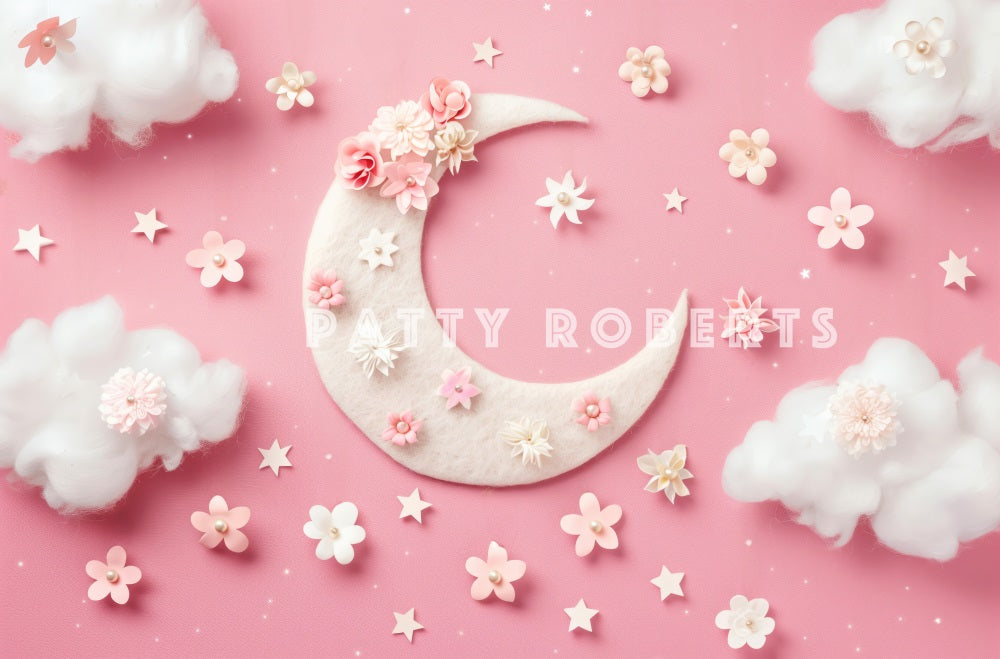 Kate Cake Smash Pink Moon And Flowers Clouds Backdrop Designed by Patty Robert