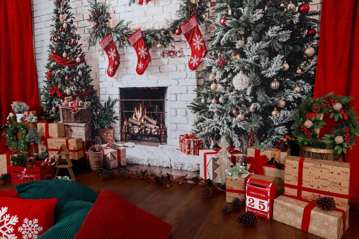 Kerst Witte Bakstenen Openhaard Foto Achtergrond Ontworpen door Emetselch