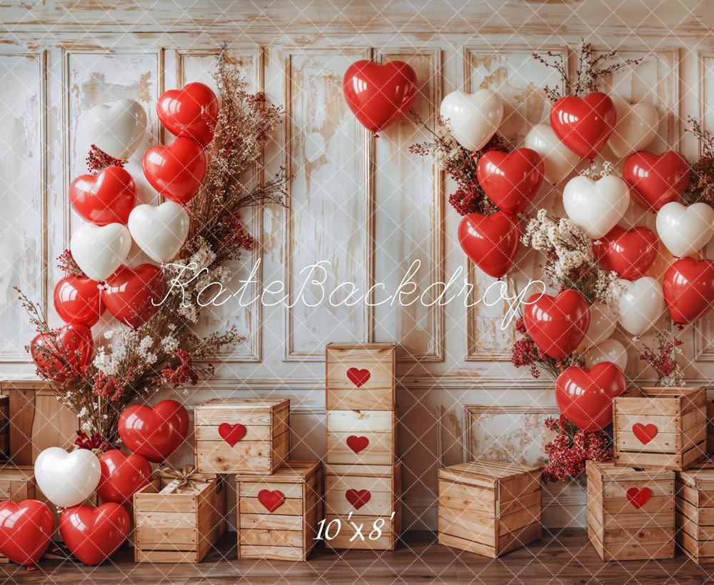 Kate Valentine Heart Balloons Rustic Wood Backdrop Designed by Emetselch