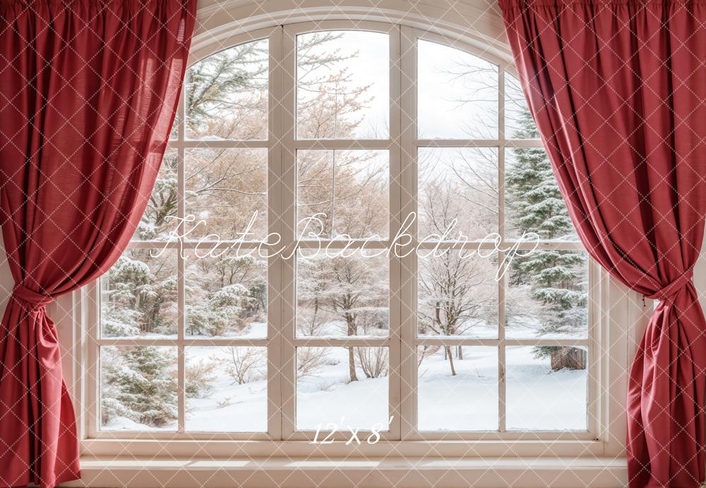 Kate Winter Window Red Curtains Backdrop Designed by Emetselch