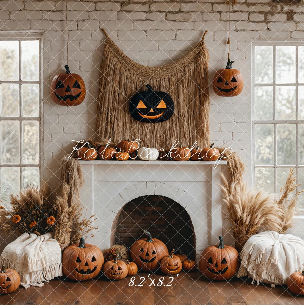 Kate Halloween Pumpkin White Fireplace Boho Backdrop Designed by Emetselch