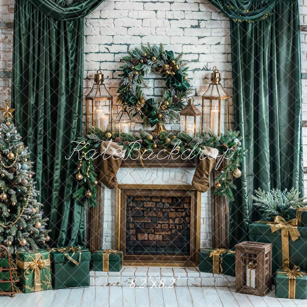 Kate Christmas Green Curtains Fireplace White Walls Backdrop Designed by Emetselch