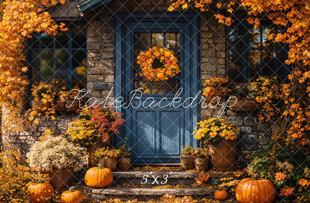 Kate Fall Pumpkin Blue Doorstep Backdrop Designed by Emetselch