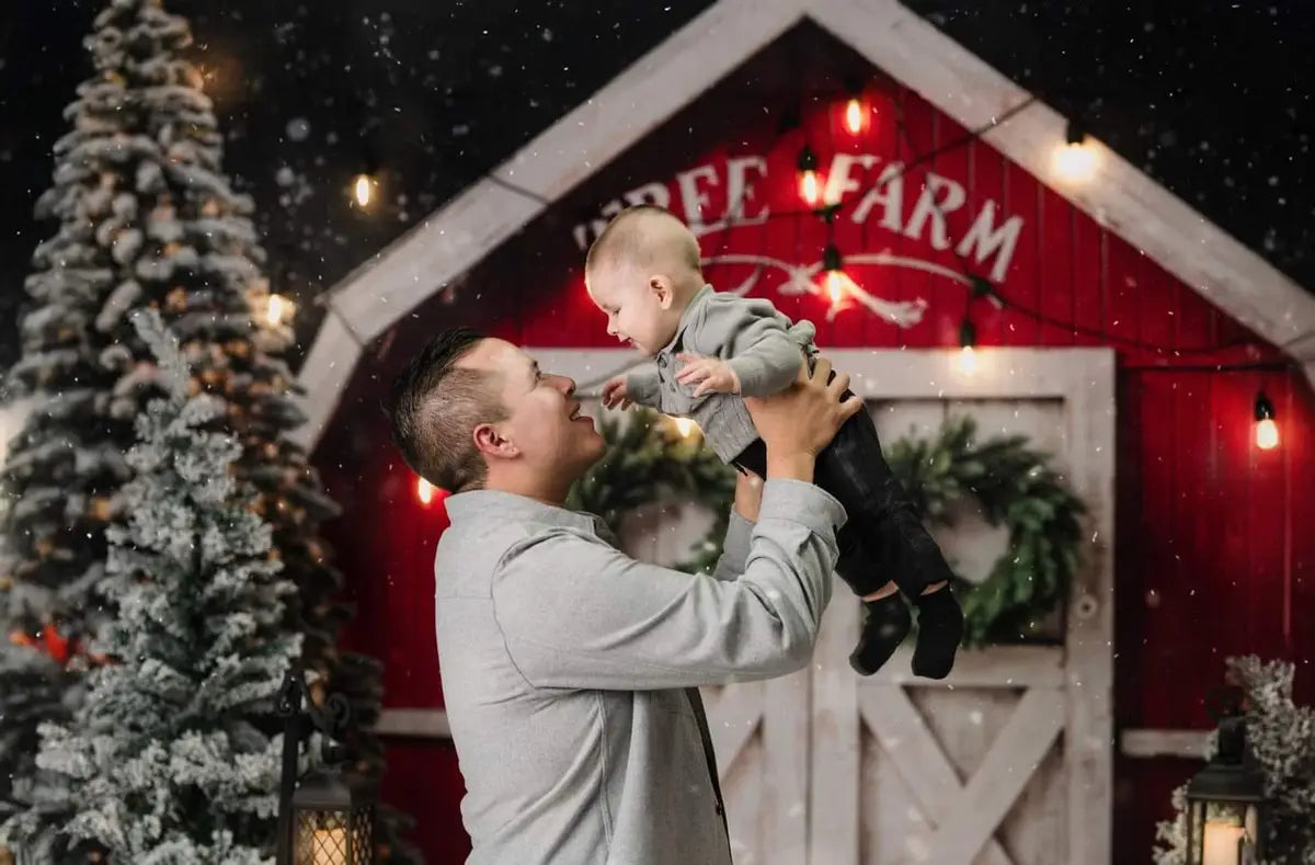 Kate Winter Christmas Tree Farm Red Barn Backdrop Designed by Chain Photography