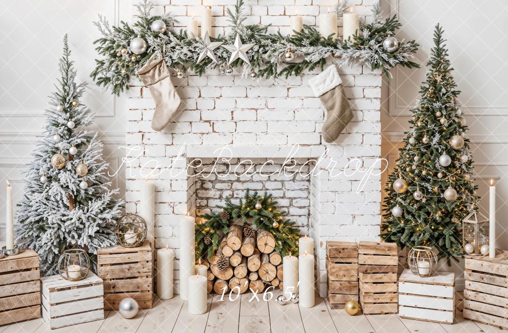 Kerstboom Witte Bakstenen Haard Retro Wand Foto Achtergrond Designed by Emetselch