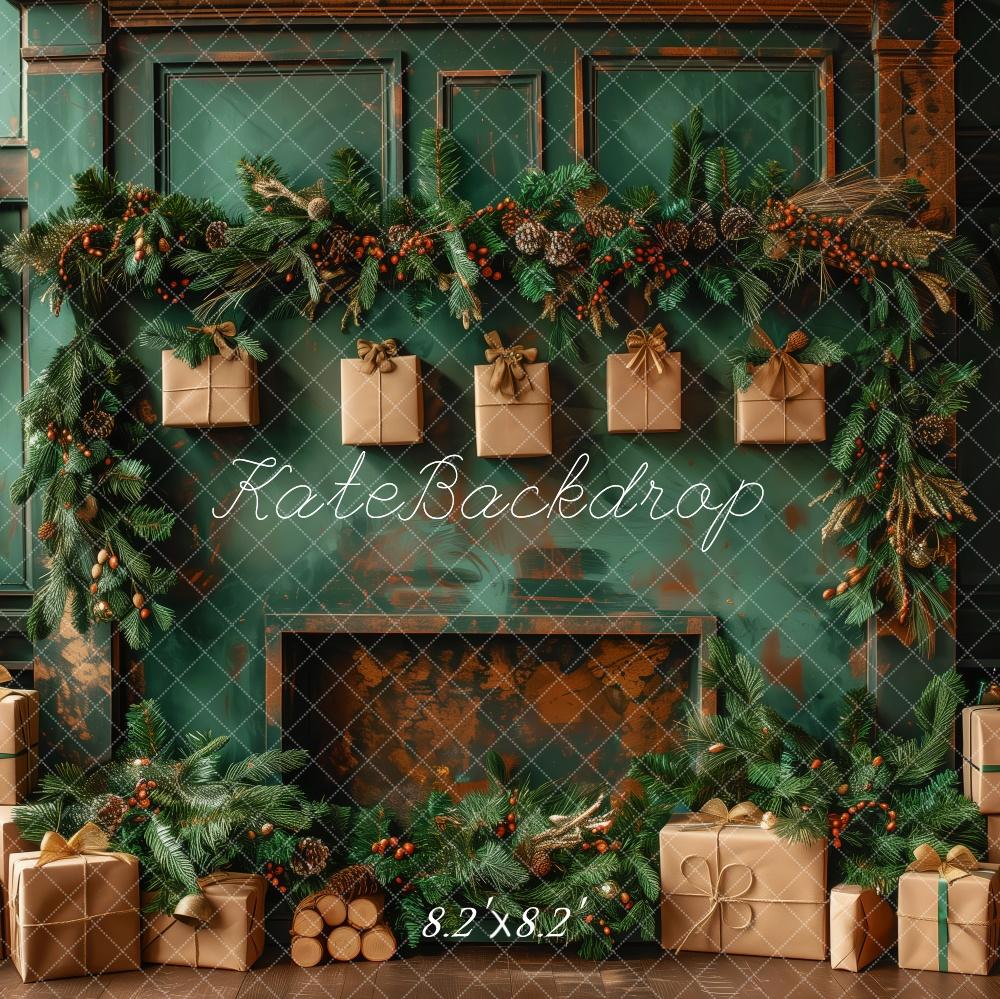 Kate Christmas Green Wall Brown Gifts Fireplace Backdrop Designed by Patty Robert