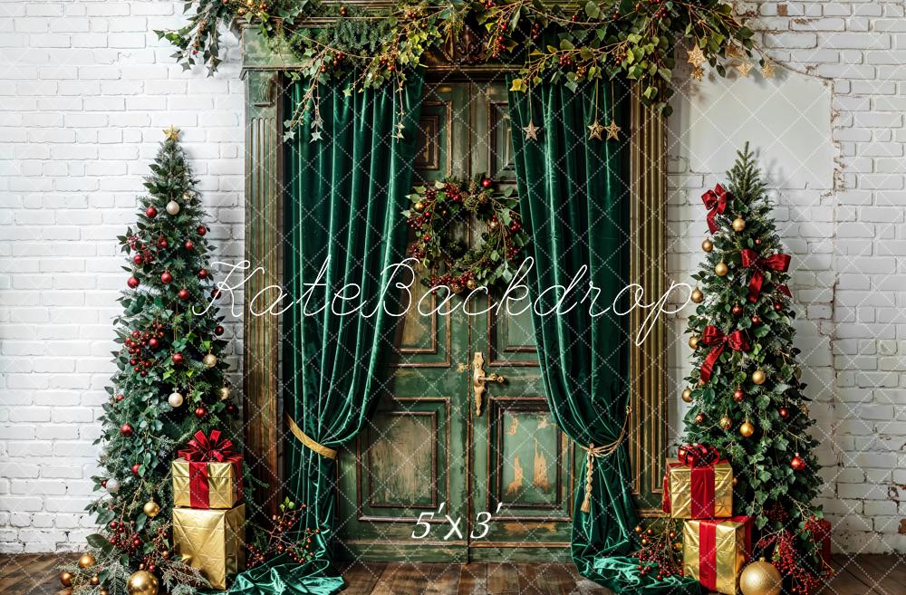 Kate Christmas Tree Green Curtains Vintage Door White Wall Backdrop Designed by Emetselch