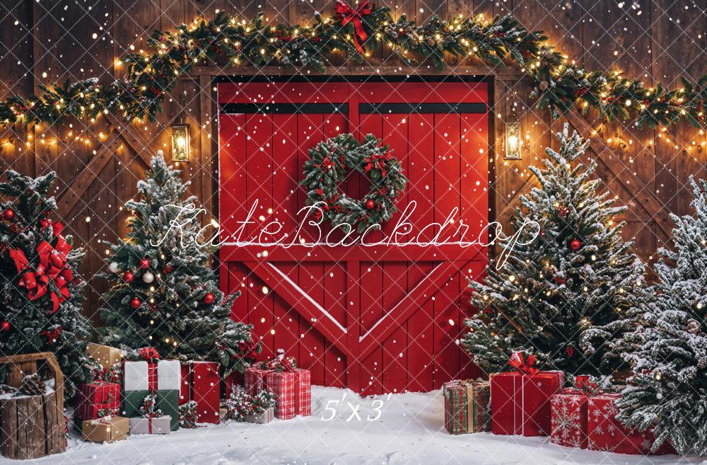 Kate Christmas Red Barn Door Wreath Backdrop Designed by Emetselch