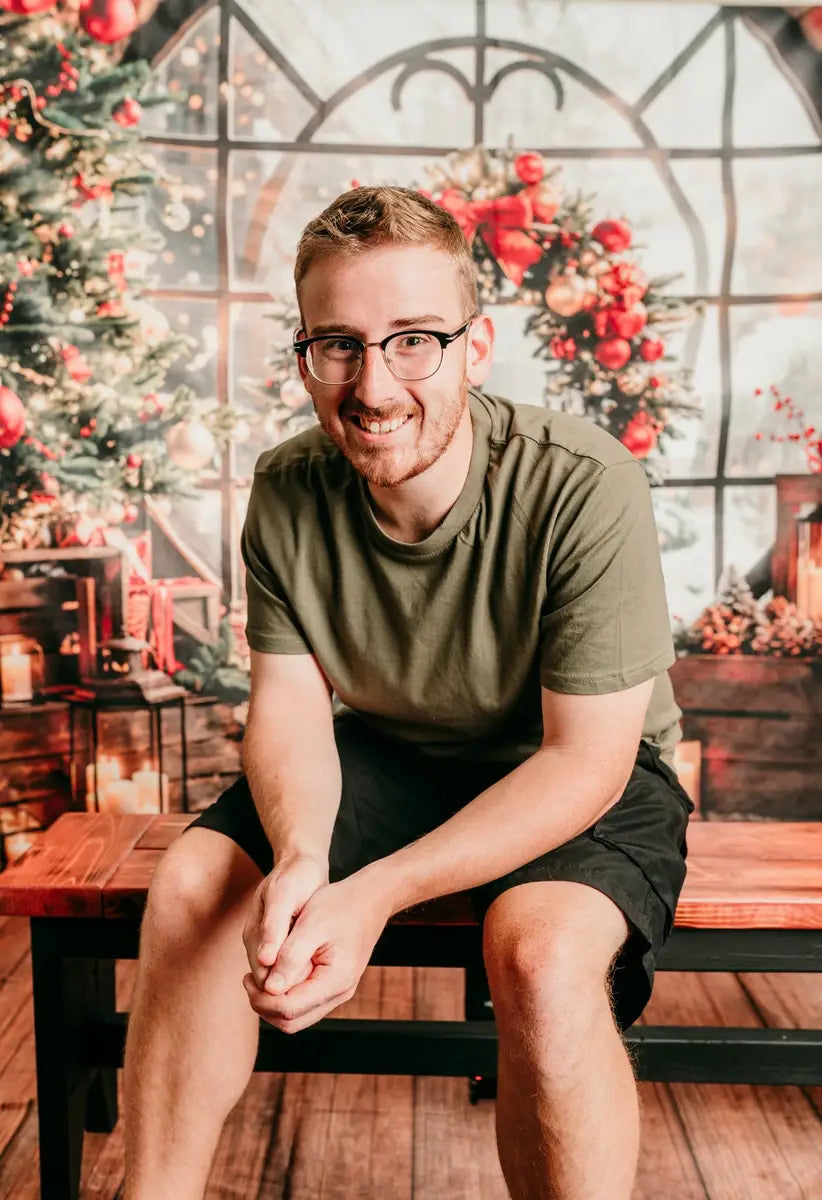 Winter Kerst Foto Achtergrond Ronde Raam Baksteenmuur Ontworpen door Emetselch