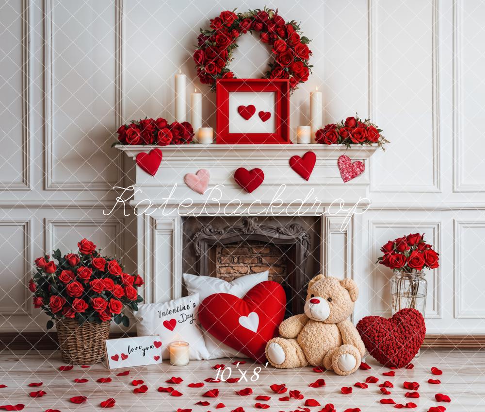 Kate Valentine Fireplace Teddy Bear Roses Backdrop Designed by Emetselch