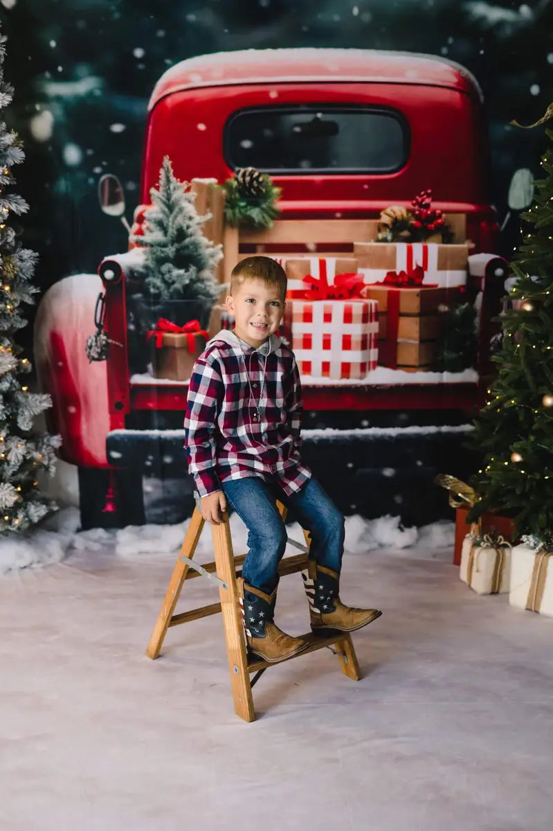 Kate Winter Christmas Tree Farm Red Barn Backdrop Designed by Chain Photography