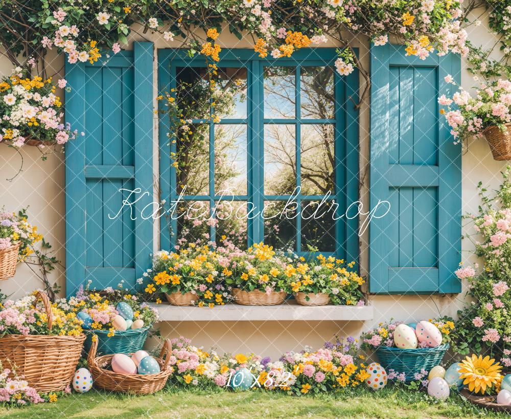 Kate Easter Bunny Floral Blue Window Backdrop Designed by Emetselch