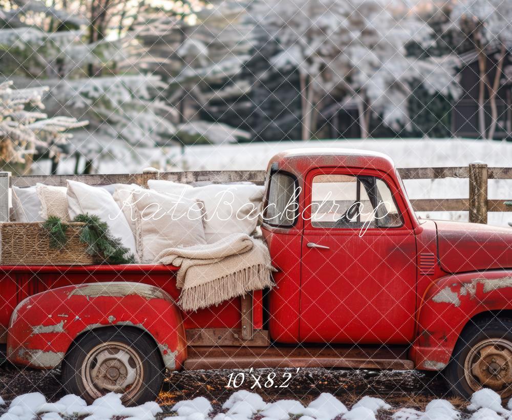 K Kerst Winter Rode Truck Foto Achtergrond Designed by Mini MakeBelieve