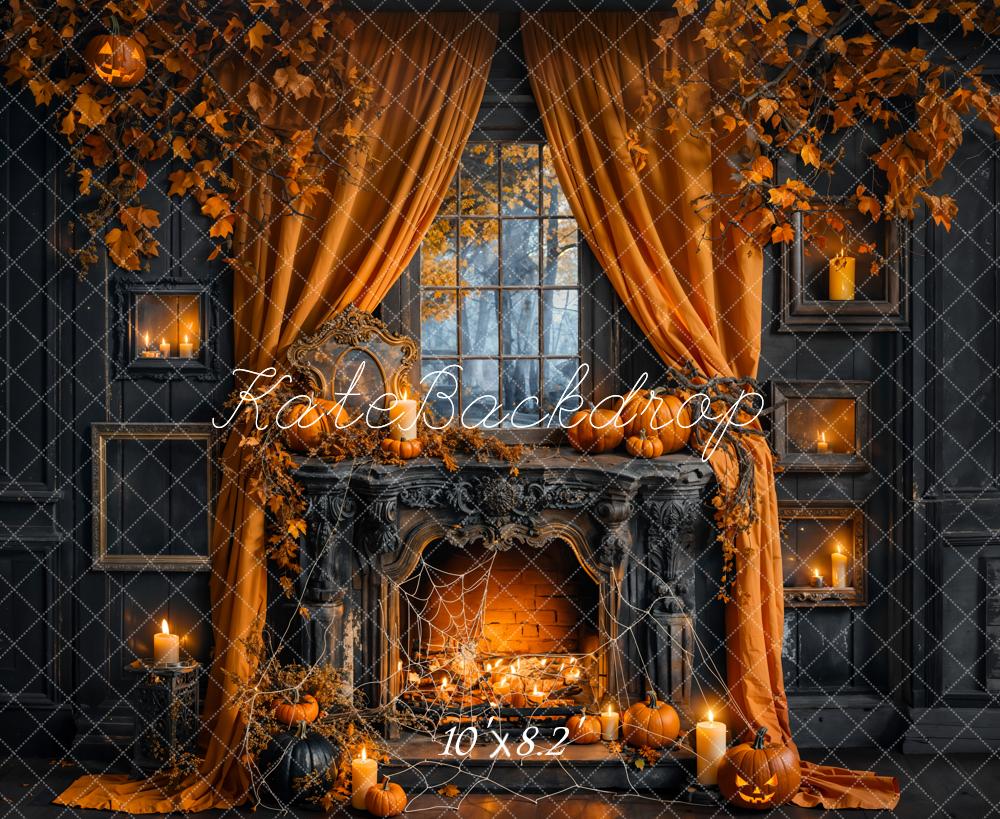 Kate Fall Halloween Pumpkin Black Fireplace Backdrop Designed by Emetselch