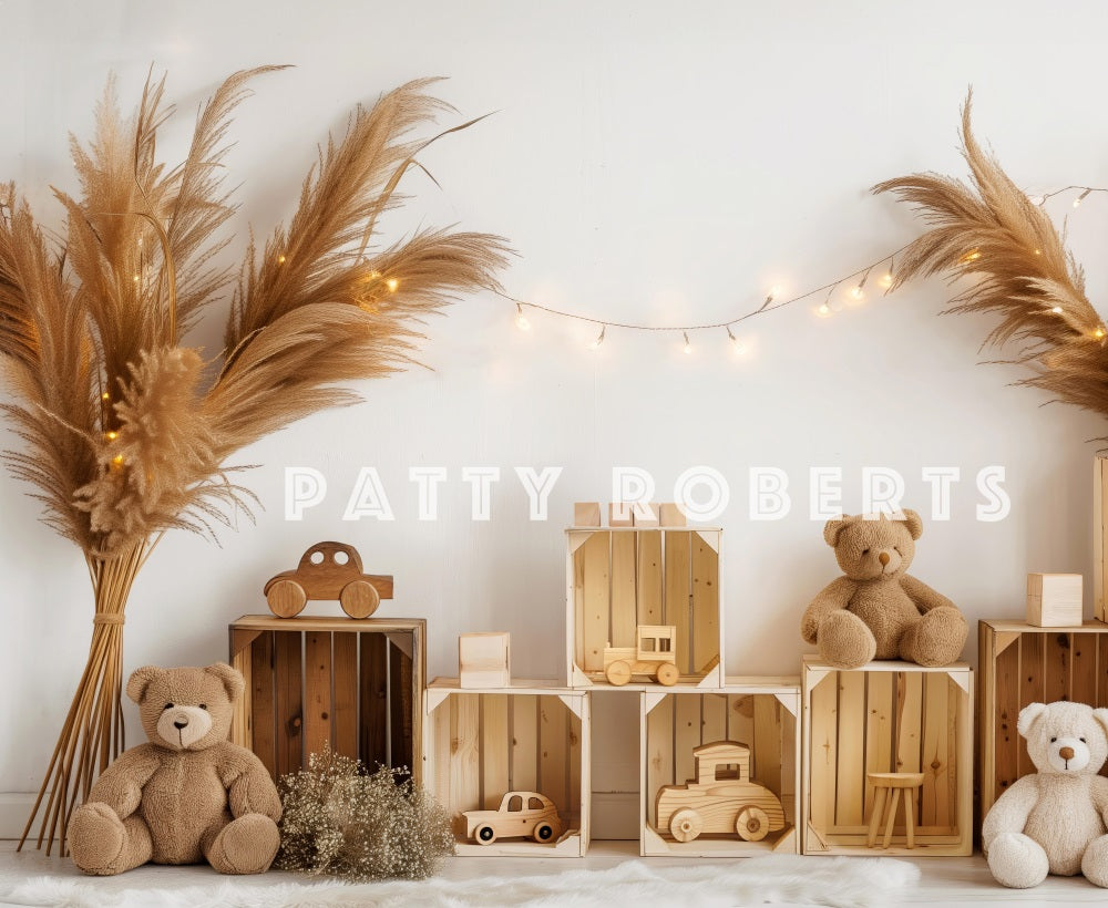 Boho Teddy Bear Wooden Car Foto Achtergrond Designed by Patty Robert