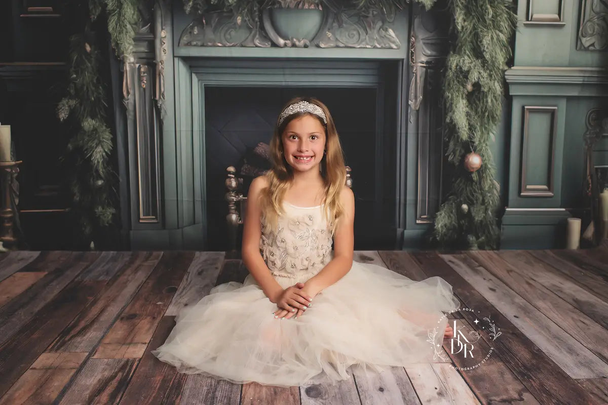 Kate Elegant Fireplace with Christmas Greenery Backdrop Designed by Mandy Ringe Photography