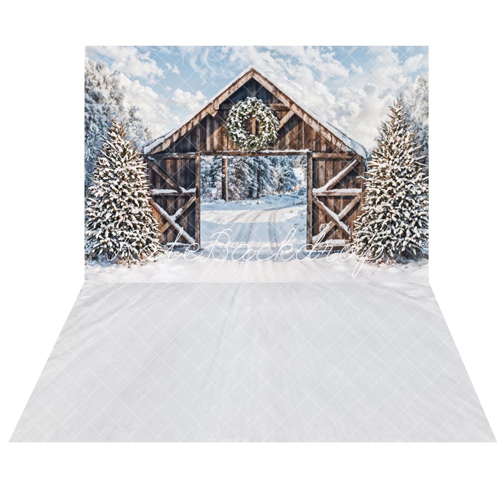 Winter sneeuwbos bruine houten cabinedeurachtergrond + retro ivoor witte vloerachtergrond