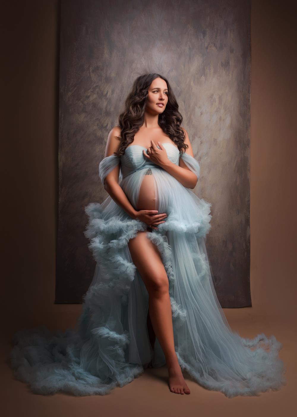 Vestido de maternidad para sesión de fotos con un solo hombro de malla