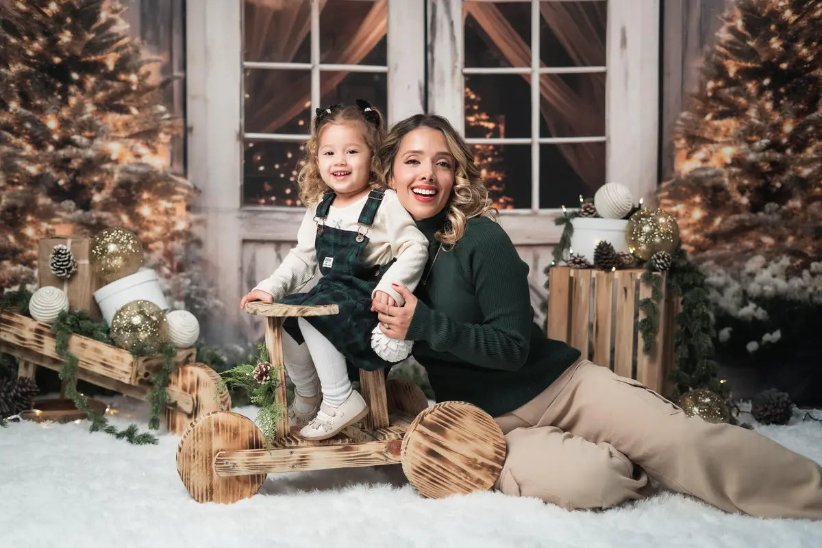 Kate Christmas Barn with Lights and Christmas Tree Fleece Backdrop Designed by Emetselch