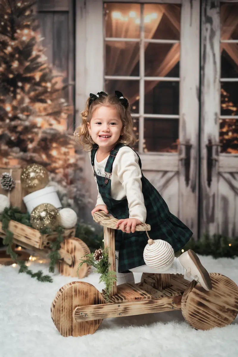 Kate Christmas Barn with Lights and Christmas Tree Fleece Backdrop Designed by Emetselch