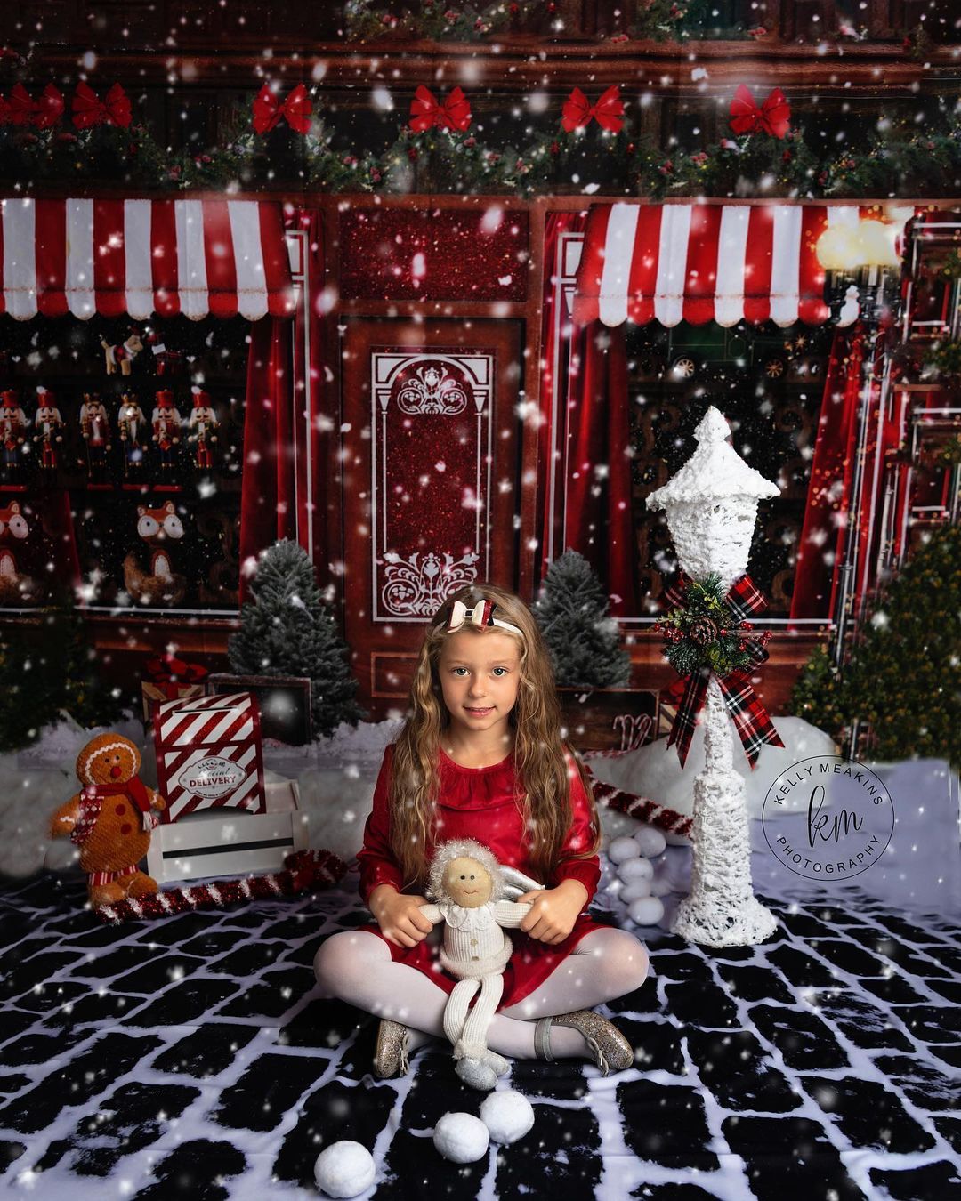 Sfondo natalizio per le vacanze invernali in stile vintage, negozio di giocattoli e dolciumi di Natale disegnato da Mini MakeBelieve