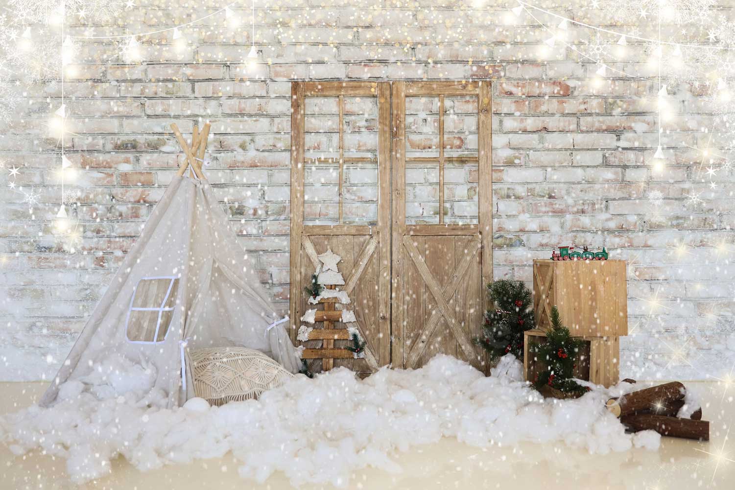 Kate Christmas Tent Barn Door Brick Backdrop for Photography - Kate Backdrop