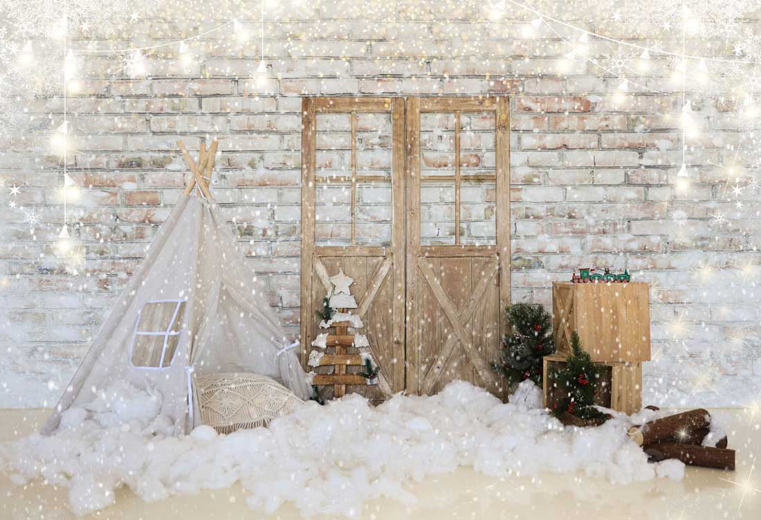 Kate Christmas Tent Barn Door Brick Backdrop for Photography - Kate Backdrop