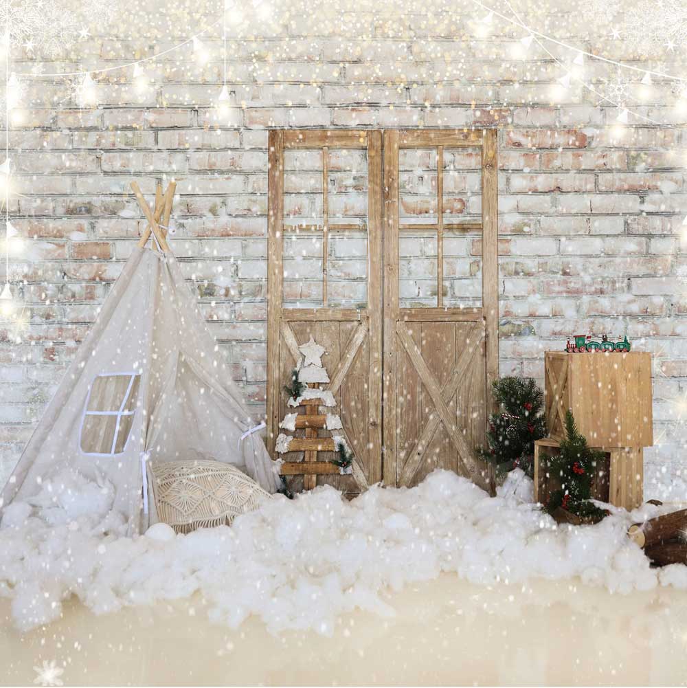 Kate Christmas Tent Barn Door Brick Backdrop for Photography - Kate Backdrop