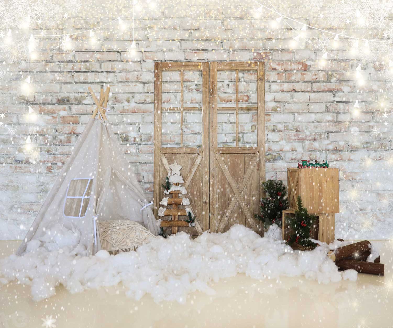 Kate Christmas Tent Barn Door Brick Backdrop for Photography - Kate Backdrop