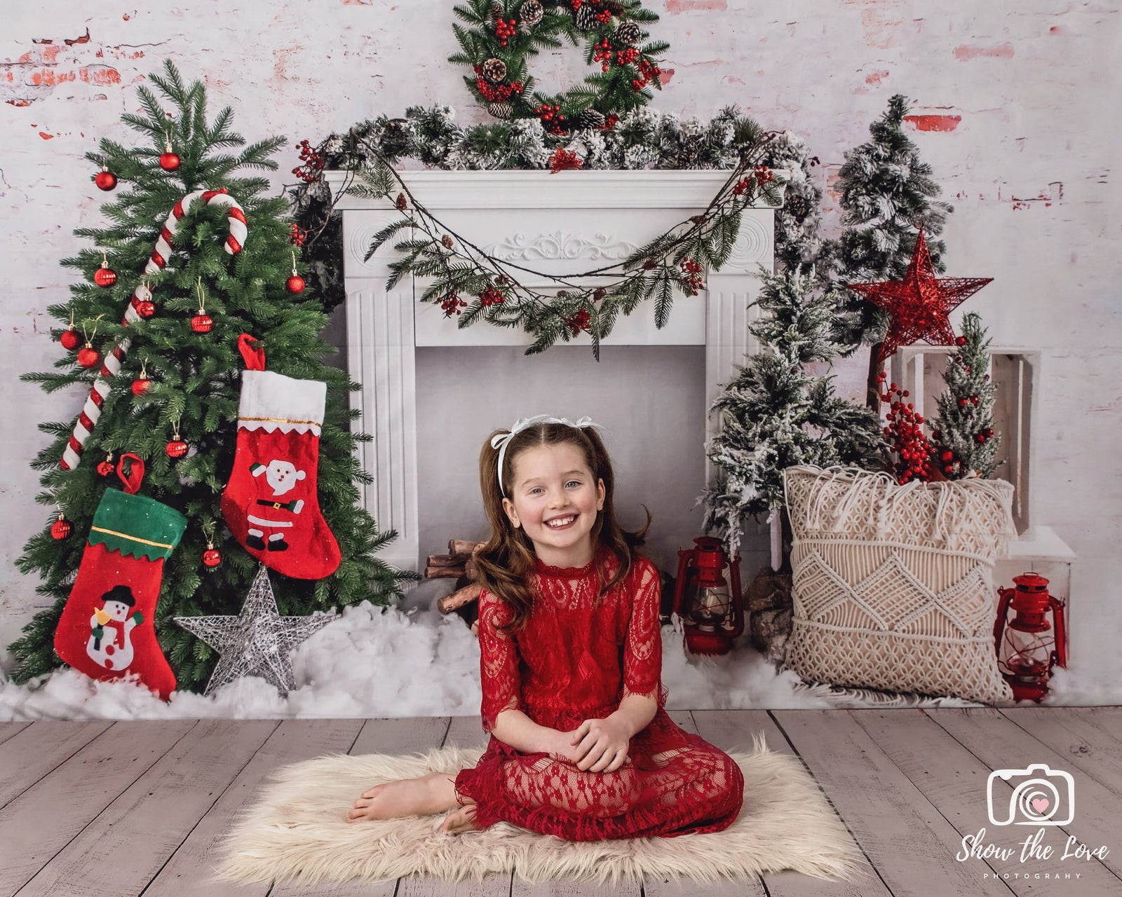 Kate Christmas Tree Brick Fireplace Backdrop for Photography