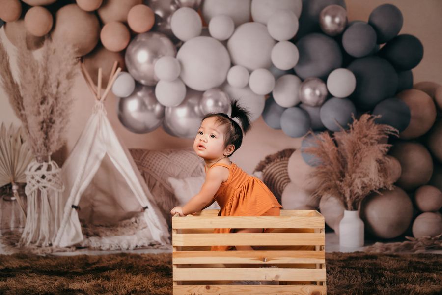 Boho Ballonnen Tent Achtergrond in Matblauw Ontworpen door Mandy Ringe Fotografie