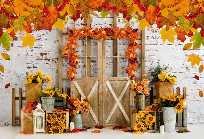 Kate Autumn Backdrop Maple Leaves Wood Door for Photography