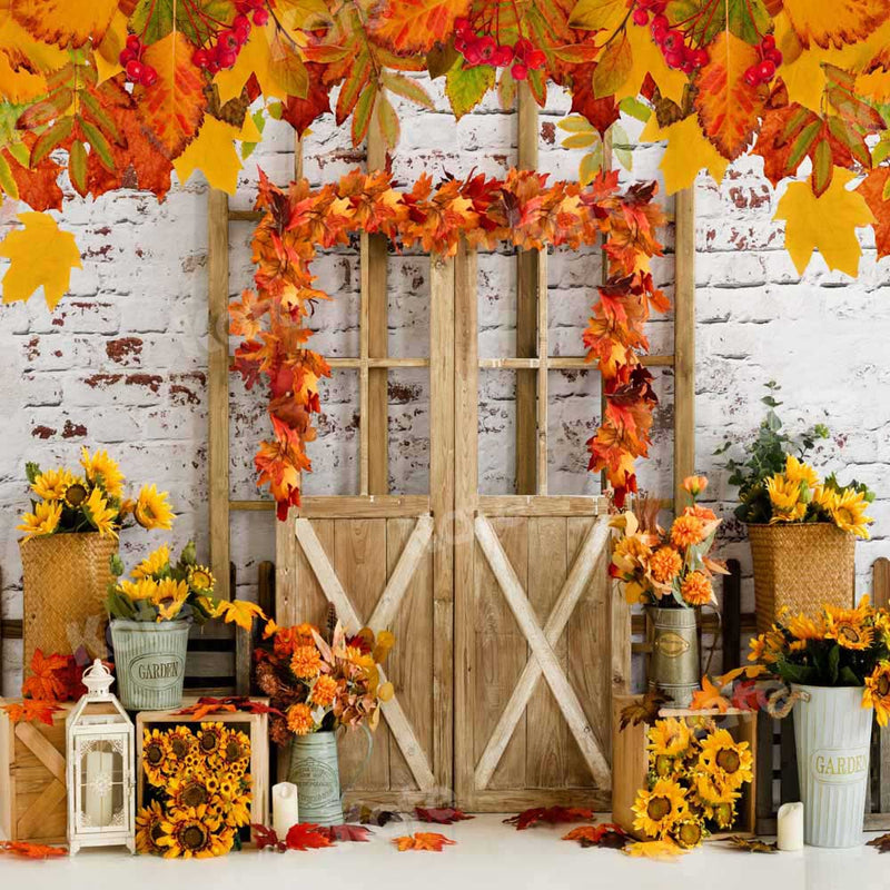 Kate Autumn Backdrop Maple Leaves Wood Door for Photography