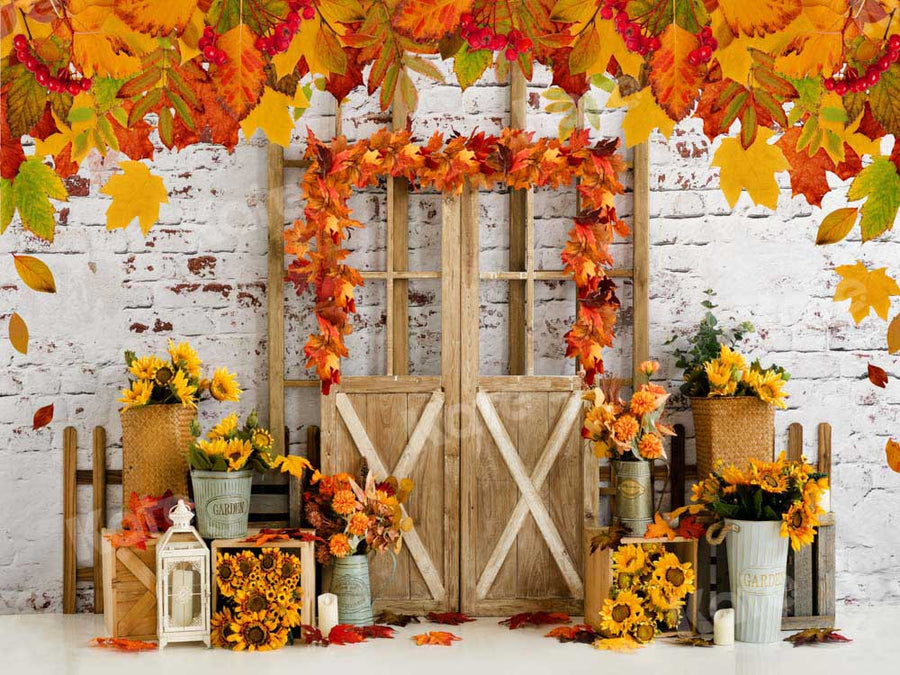 Kate Autumn Backdrop Maple Leaves Wood Door for Photography