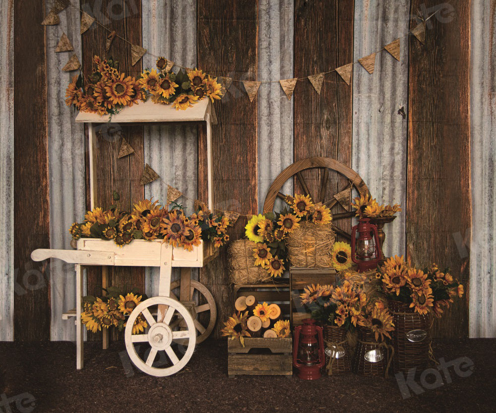 Fondo de otoño con carrito de girasoles en tienda de madera para fotografía