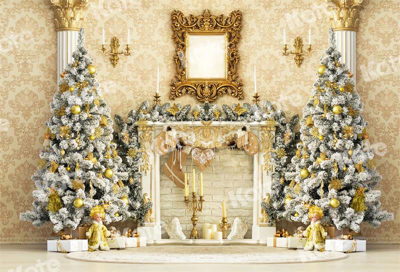 Kate Christmas Gold Fireplace Backdrop Tree Elegant for Photography