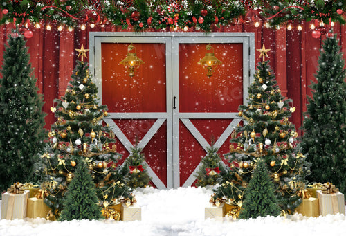 Kate Christmas Backdrop Red Barn Door Tree for Photography