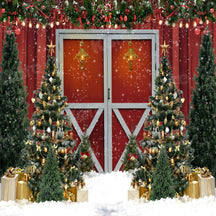 Kate Christmas Backdrop Red Barn Door Tree for Photography