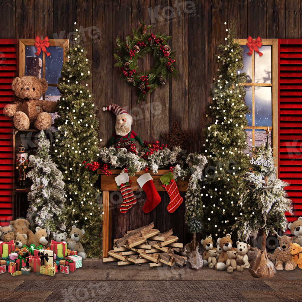 Kate Vintage Wood Backdrop Christmas Fireplace Teddy Bear for Photography