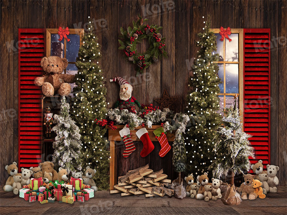 Kate Vintage Wood Backdrop Christmas Fireplace Teddy Bear for Photography