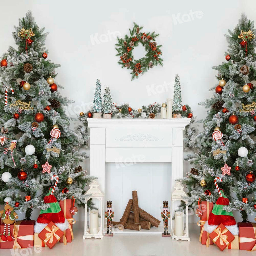 Kate Christmas Backdrop White Fireplace Gift Tree for Photography