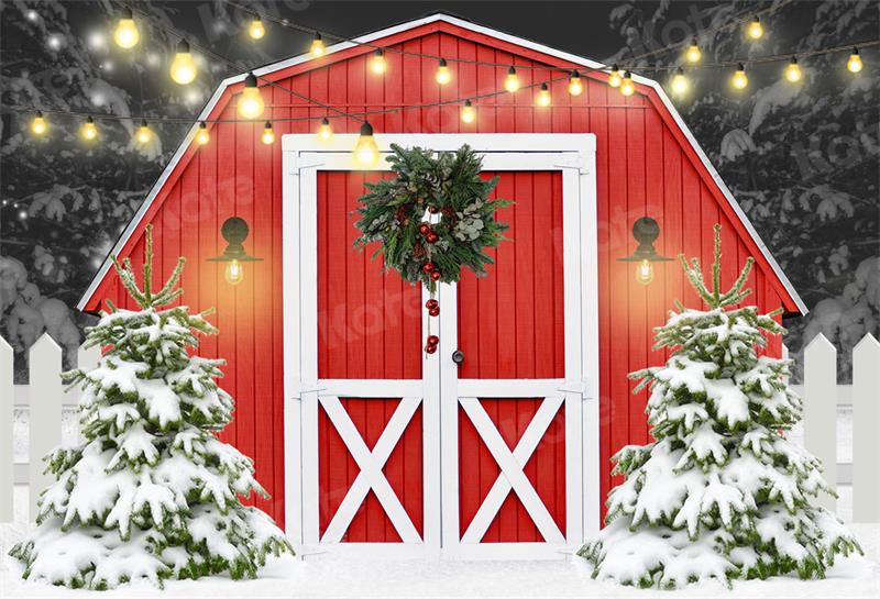 Kate Christmas Backdrop Outdoor Snow Red Barn Door for Photography