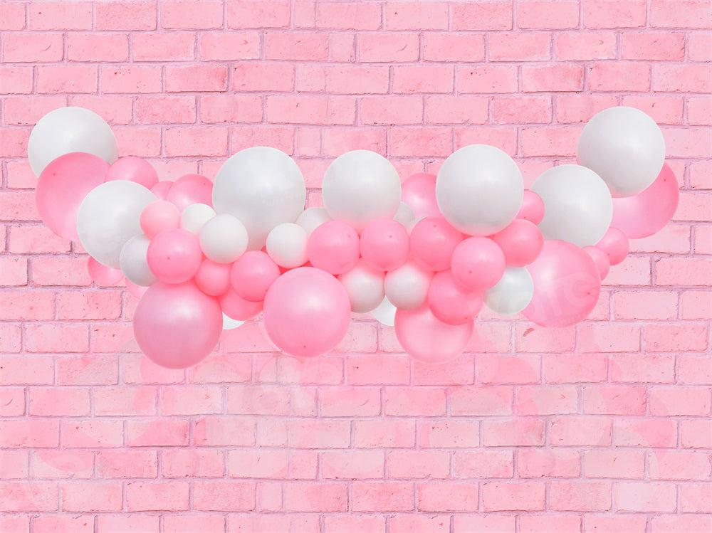 Fondo de pared de ladrillos con globos rosas para fotografía