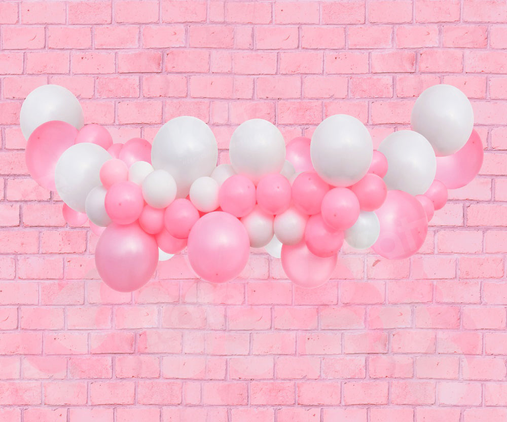 Fondo de pared de ladrillos con globos rosas para fotografía