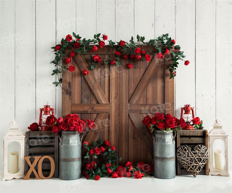 Sfondo per fotografia della porta della stalla con rose per San Valentino per animali domestici