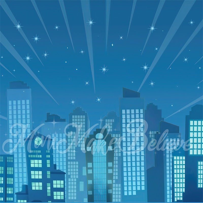 Verjaardagstaart Smash Superhelden Stadsgebouwen Cartoon Blauwe Nacht Achtergrond Ontworpen door Mini MakeBelieve